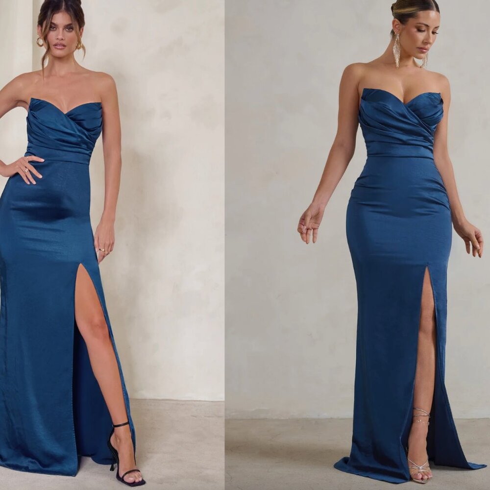 CORALINE NAVY STRAPLESS MAXI DRESS WITH SPLIT - Club L London
